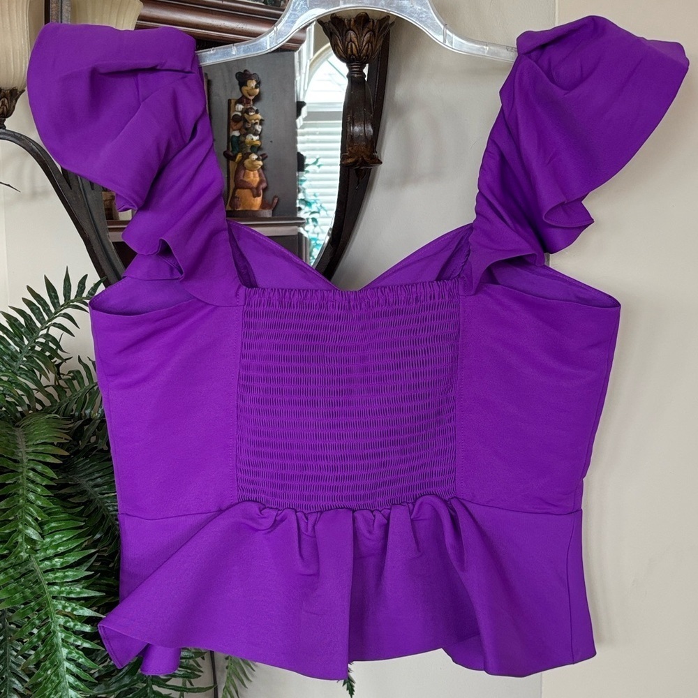 Brand New Express Purple Ruffle Crop Top Smocked Stretch Back Tailored Blouse - Picture 5 of 14